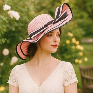 PEACH  Straw Floppy Hat Wide Brim Black‎ Ribbon Summer Beach Sun Hat